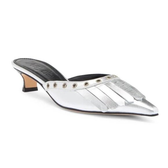 AEYDE Tania Kiltie Fringe Mule Kitten Heels EU 36 5 5.5 Silver Leather NEW $395 - Picture 1 of 16